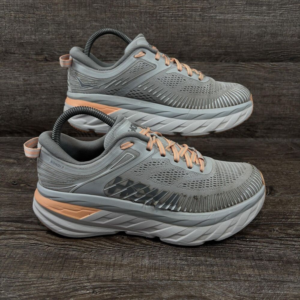 Hoka One One Bondi 7 Shoes Women's 8 Gray Peach Running Sneakers 1110519 HMSH